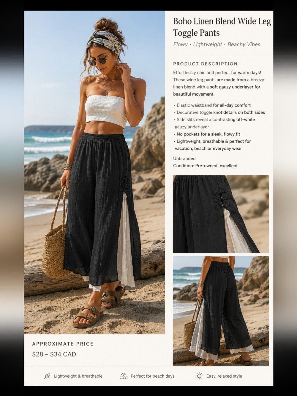Boho Black Linen Blend Gauzy Wide Leg Toggle Crop Pants OS (Fits Like A Small)
